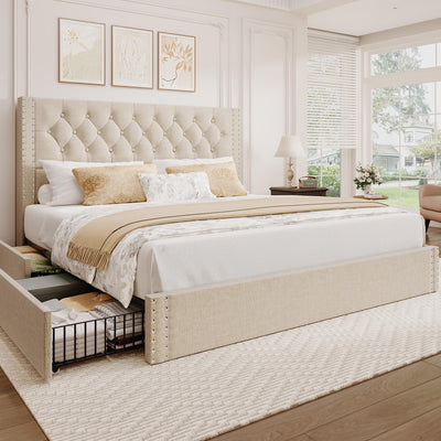 BRELTAM King Size Bed Frame with 4 Storage Drawers and Tufted Headboard Linen Upholstered Platform Bed Frame with Heavy Duty Wood Slats, No Box Spring Needed, Beige