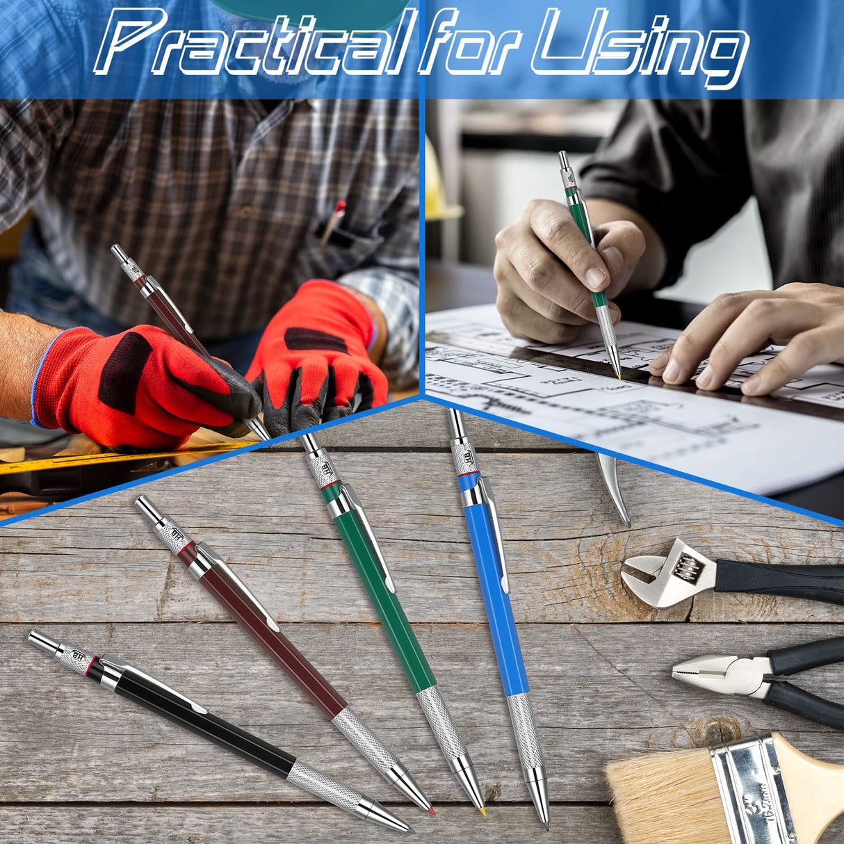 Nezyo 4 Pieces Welder Pencil with 60 Pieces Round Refills Mechanical Pencil Metal Marker Pen for Construction Workers, Metal Work, Welders, Plumbers, Framers (Black, Red, Yellow, Silver) Nezyo