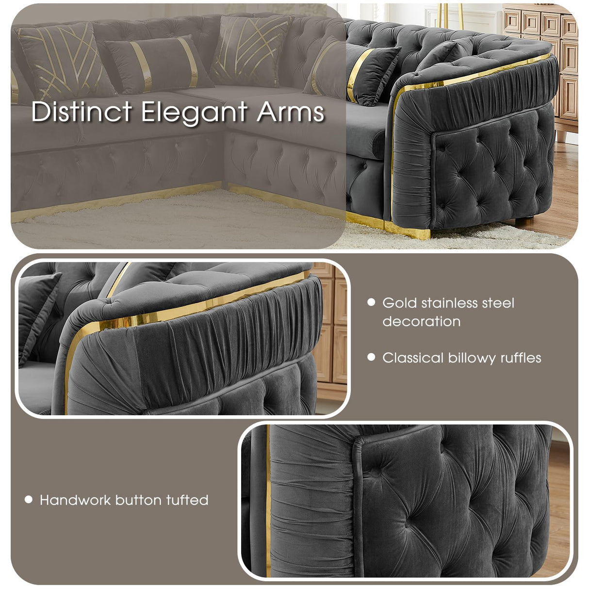 110.5" Luxury Velvet L Shape Chesterfield Sofa Set with Glod Metal Accents, Oversize Victorian Curved Arm Sofa Sectional Couches for Living Room with 7 Pillows, Left Chaise, Gray WIN FORCE