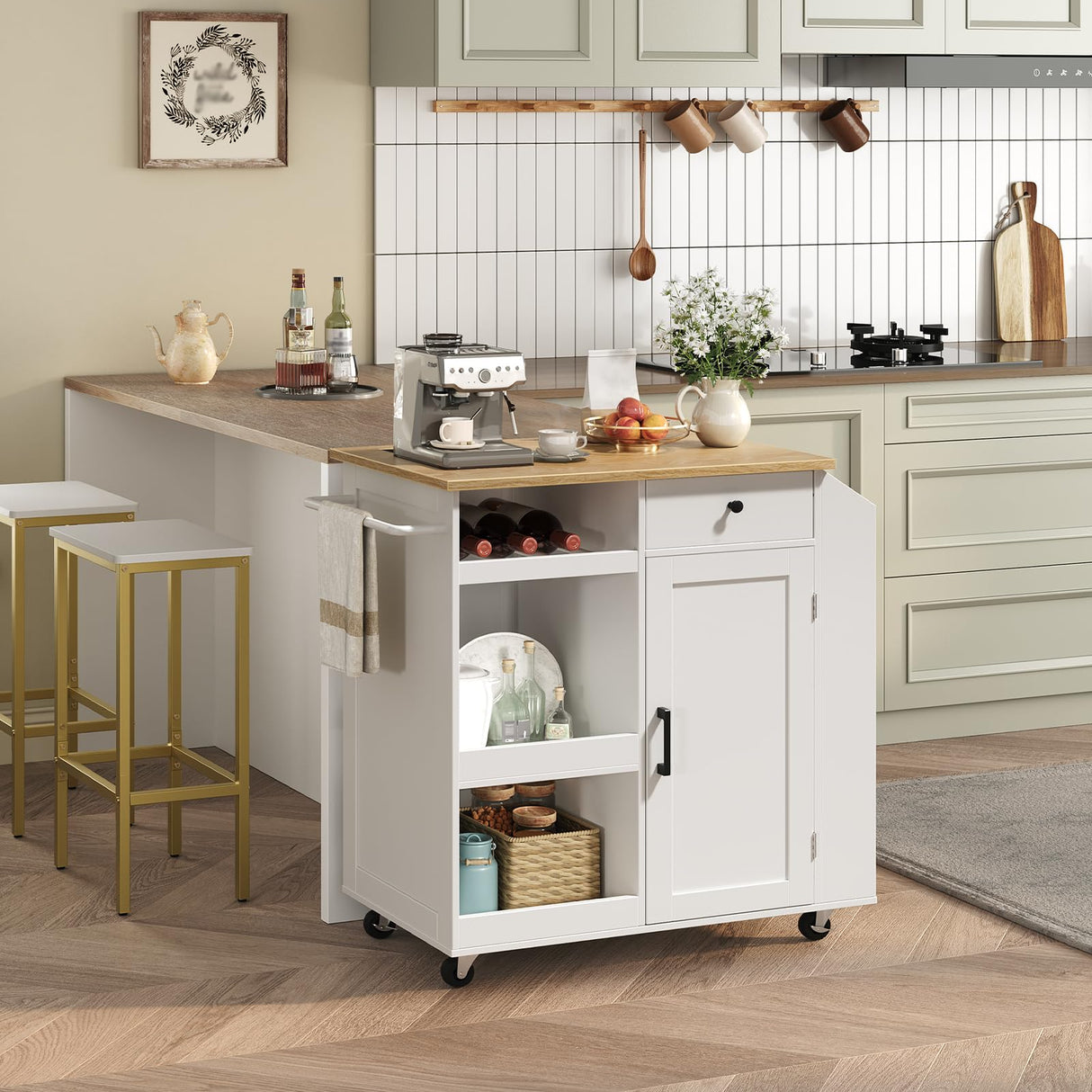 MAHANCRIS Kitchen Island with Power Outlet, Kitchen Storage Island with Drawer, Spice Rack, Towel Rack, Wine Rack, Rolling Kitchen Cart on Wheels, for Dining Room, White and Natural KINW122E01N1 MAHANCRIS