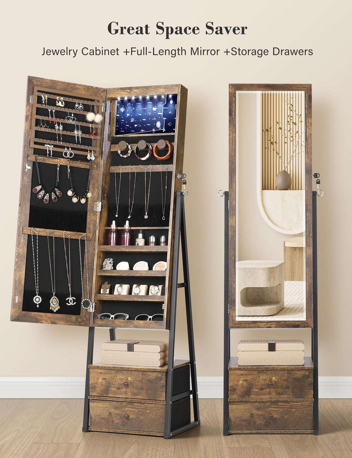 Nicetree Jewelry Cabinet Armoire with 2 Drawers, Lockable Standing Jewelry Mirror Cabinet, Full Length Mirror with Jewelry Storage, Rustic Brown Nicetree