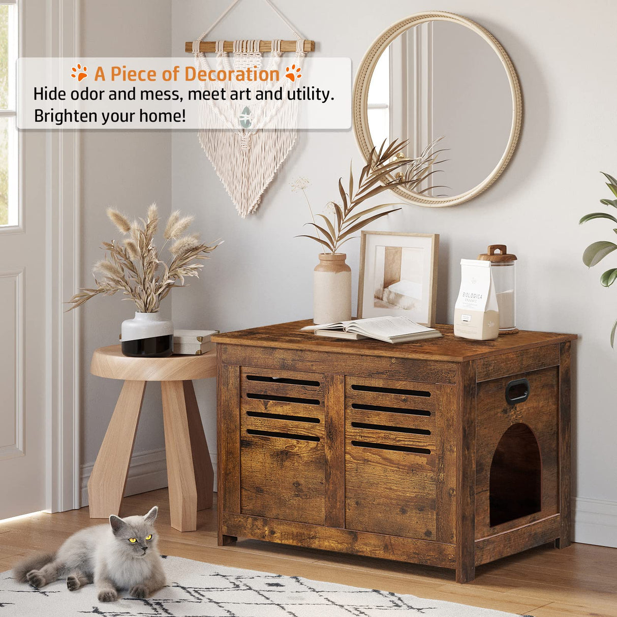 DINZI LVJ Litter Box Furniture, Flip Top Hidden, Washroom with Louvered Window, Entrance Can Be on Left/Right Side, Enclosed Litter House Side Table for Most of Cat and Litter Box, Rustic Brown DINZI LVJ