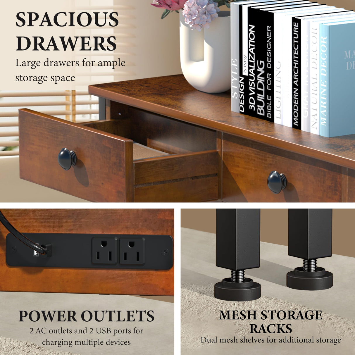 Keelian 47" Entryway Table with Outlets: Console Table with 3 Wood Drawers and Storage Shelves, USB Ports, LED Light Strip for Sofa, Living Room, Hallway, Foyer, Couch, TV and Aquarium Stand Keelian