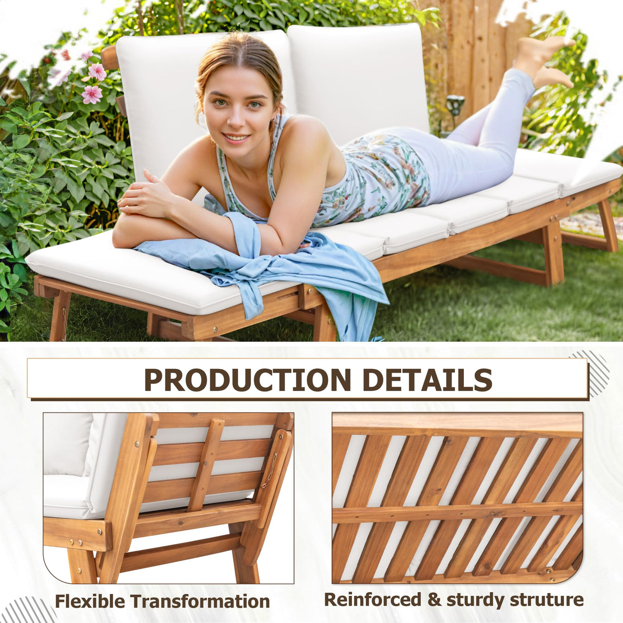 Devoko Outdoor Couch Acacia Wood Patio Couch with Adjustable Armrests, Outdoor Convertible Sofa with Removable Cushions & Pillows for Patio, Porch, Poolside(White) Devoko