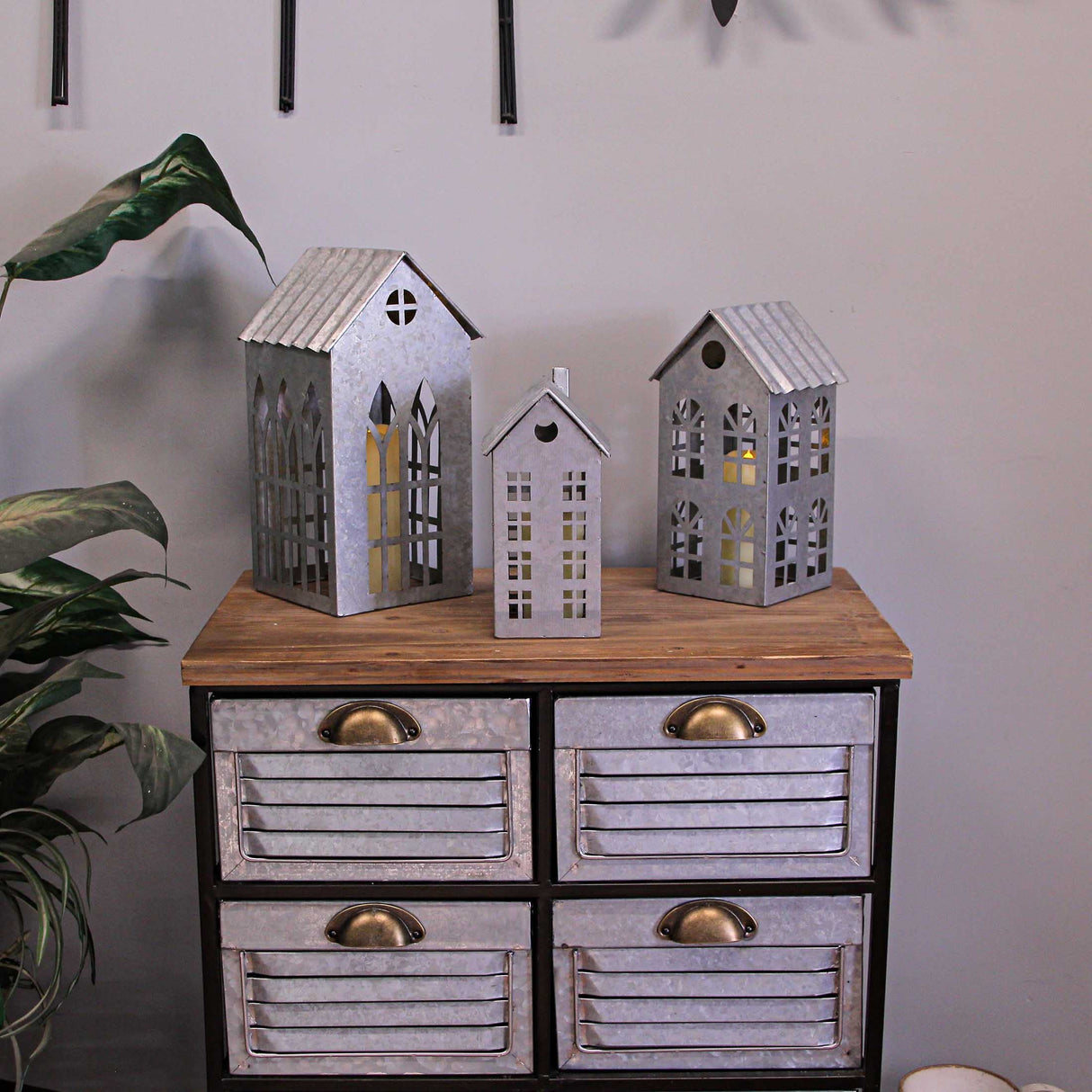 Set of 3 Country Farmhouse Christmas Village Galvanized Grey Metal House Shaped Oversized Votive Candle Holders - Perfect for Rustic Western Décor, Adds Charm to Your Space Zeckos