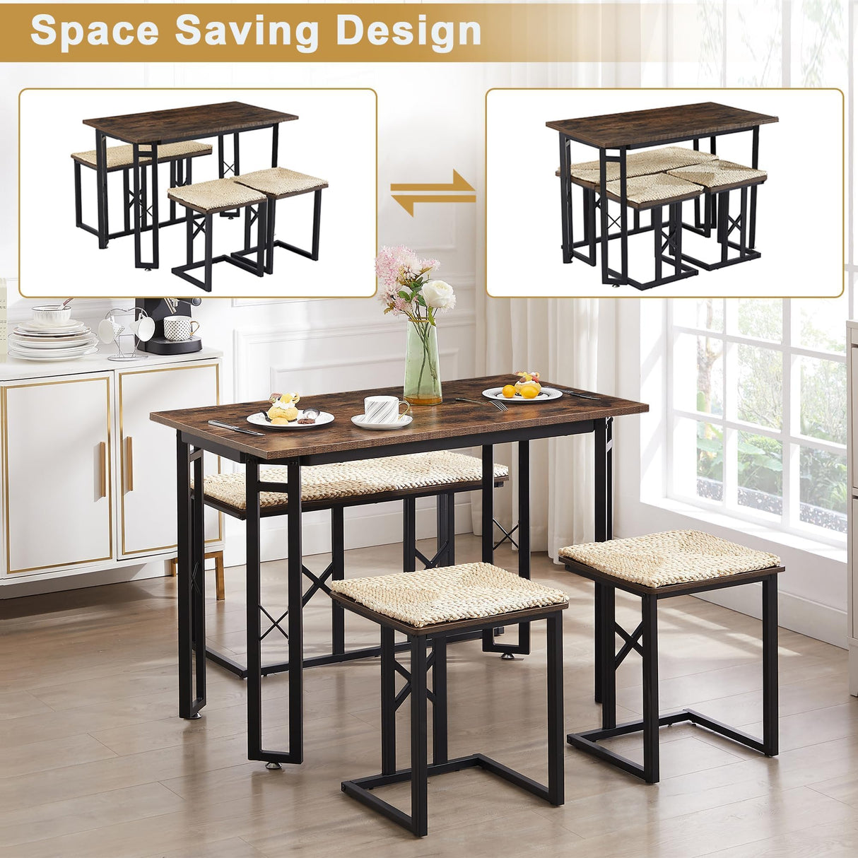 VECELO 43.3" Kitchen & Dining Table Set for 4, Rustic Farmhouse Style with 3 Benches and Wicker Cushions, Compact Metal Frame with Adjustable Foot Pads, Brown VECELO