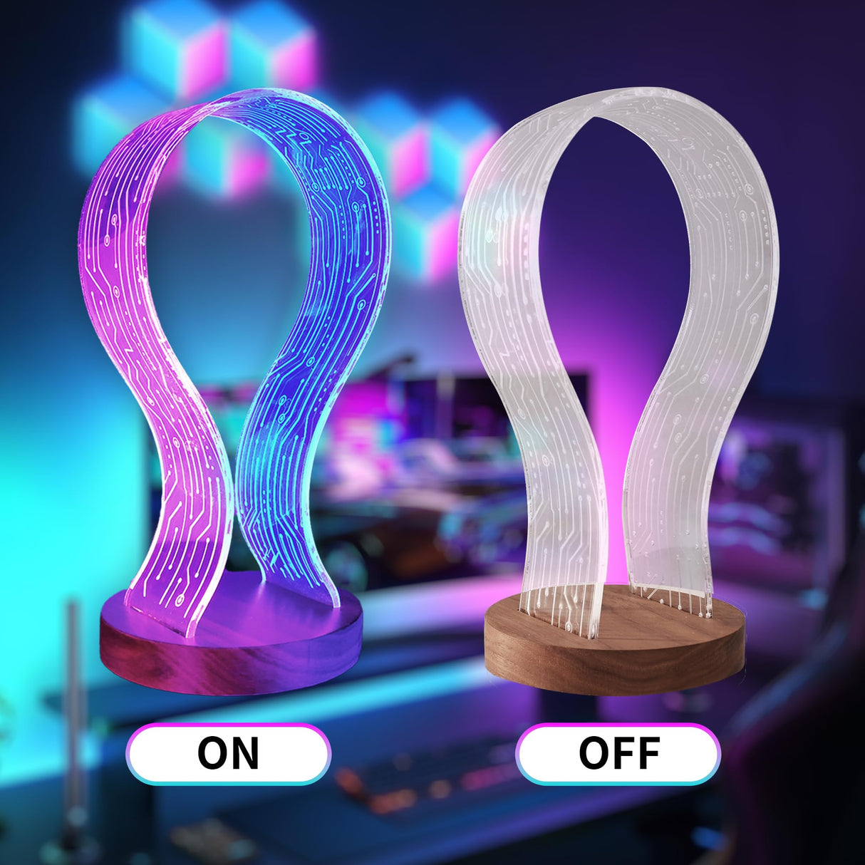 CoolGift Mart Gifts for Gamers and Music Lovers, Light Up Headphone Stand, Walnut Wood Headset Holder with Blue Pink LED Night Light, Ideal Desk Accessory CoolGift Mart