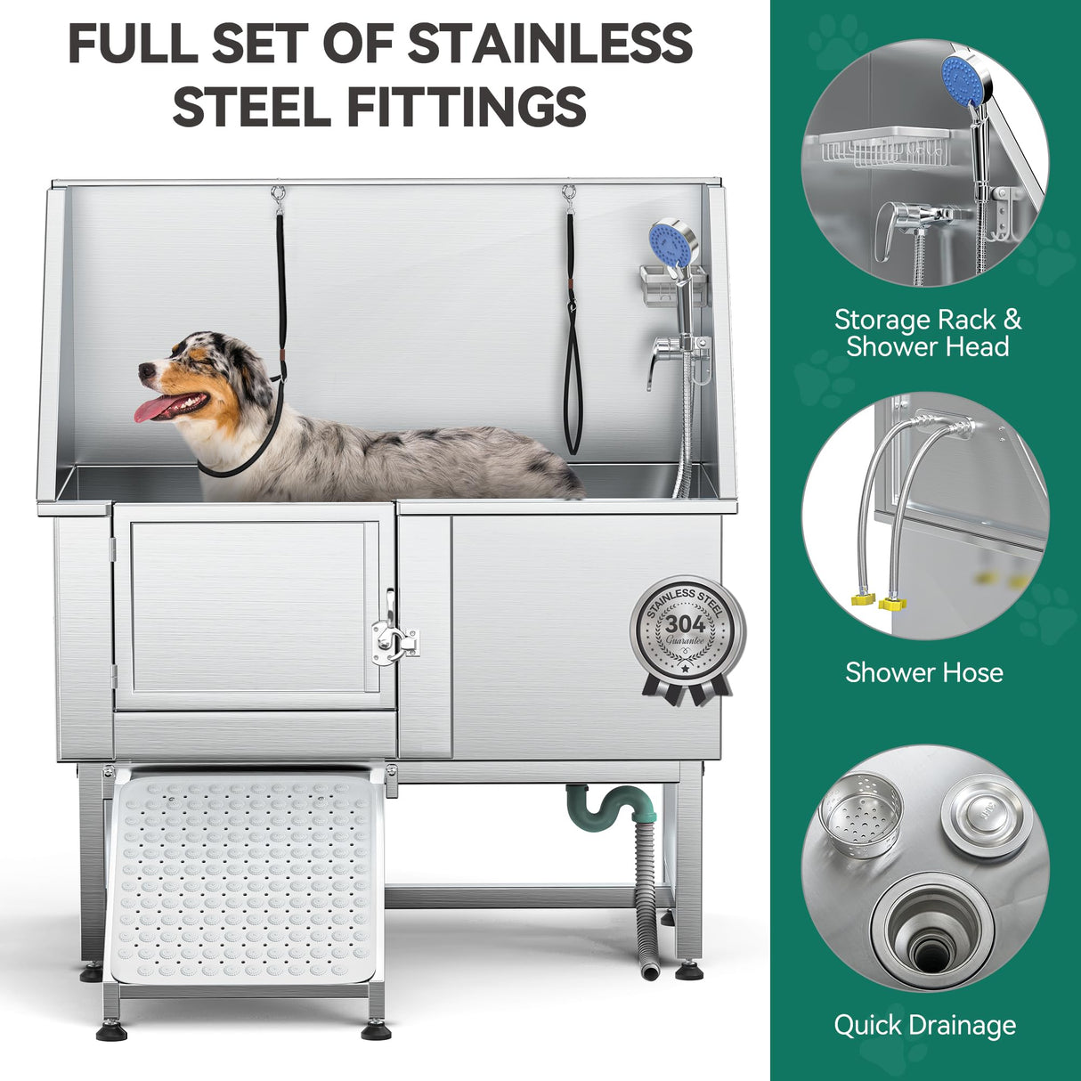 YITAHOME 50" Dog Grooming Tub 304 Stainless Steel Professional Dog Bathing Station w/Ramp, Floor Grate, Faucet, Dog Bathtub for Large, Medium, Small Pets Left Door, Dog Washing Station for Home YITAHOME