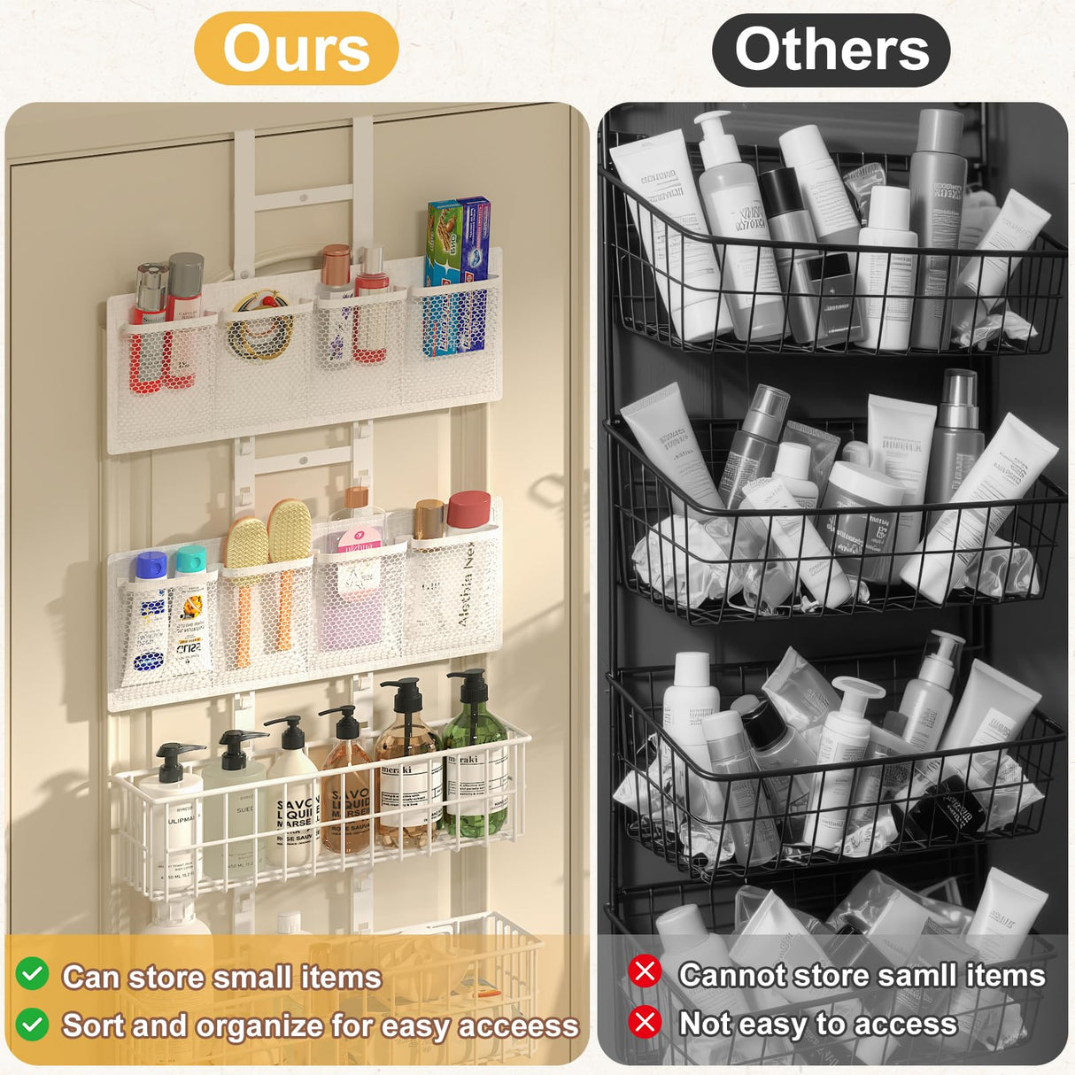 Hongtamoya Adjustable Over The Door Organizer - Hair Dryer Holder, Hanging Door Organizer with 8 Pockets 3 Metal Baskets 6 Hook, Behind Door Organizers and Storage for Bathroom Closet Cabinet Bedroom Hongtamoya