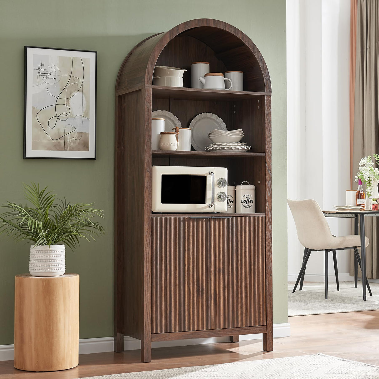 WINWY Arched Cabinet Bookshelf Bookcase - 71” Tall Mid Century Arched Display Cabinets, Rounded Bookshelf with Fluted Doors, Open Shelf Storage Cabinet for Dining Room (Walnut) WINWY