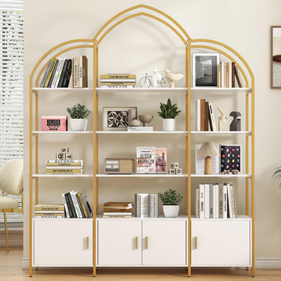 Semoic Arched Bookshelves and Bookcases: Triple Wide 5-Tier Large Open Bookshelf, Etagere Bookcase with Display Shelf for Home Office, White and Gold