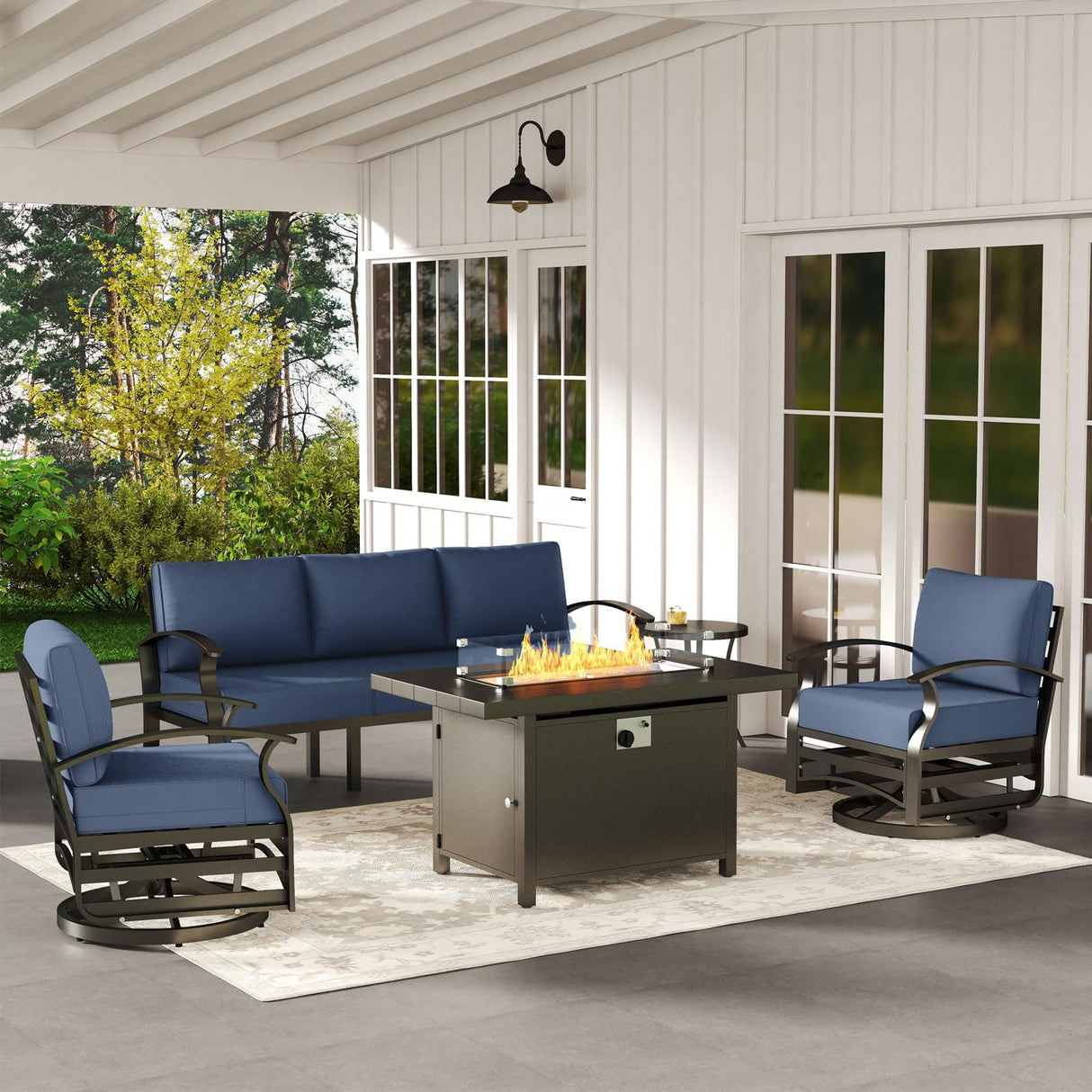 ALAULM Aluminum Patio Furniture Set with Propane Fire Pit Table 5-seat Metal Outdoor Furniture w/Fire Pit Patio Sectional Sofas w/5.3" Cushions for Patio, Backyard, Poolside-Dark Blue ALAULM