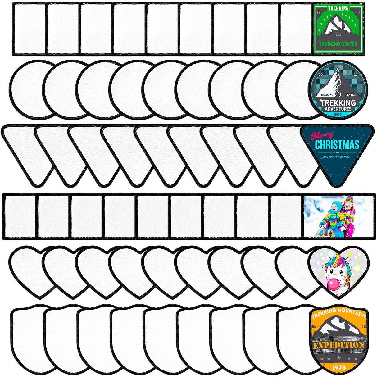 60 Pieces Blank Sublimation Patches 6 Shapes Iron-on Black Patches Fabric Repair Patches Decorative Patches for Hats Clothes Uniforms Jeans Backpacks Vest Waydress