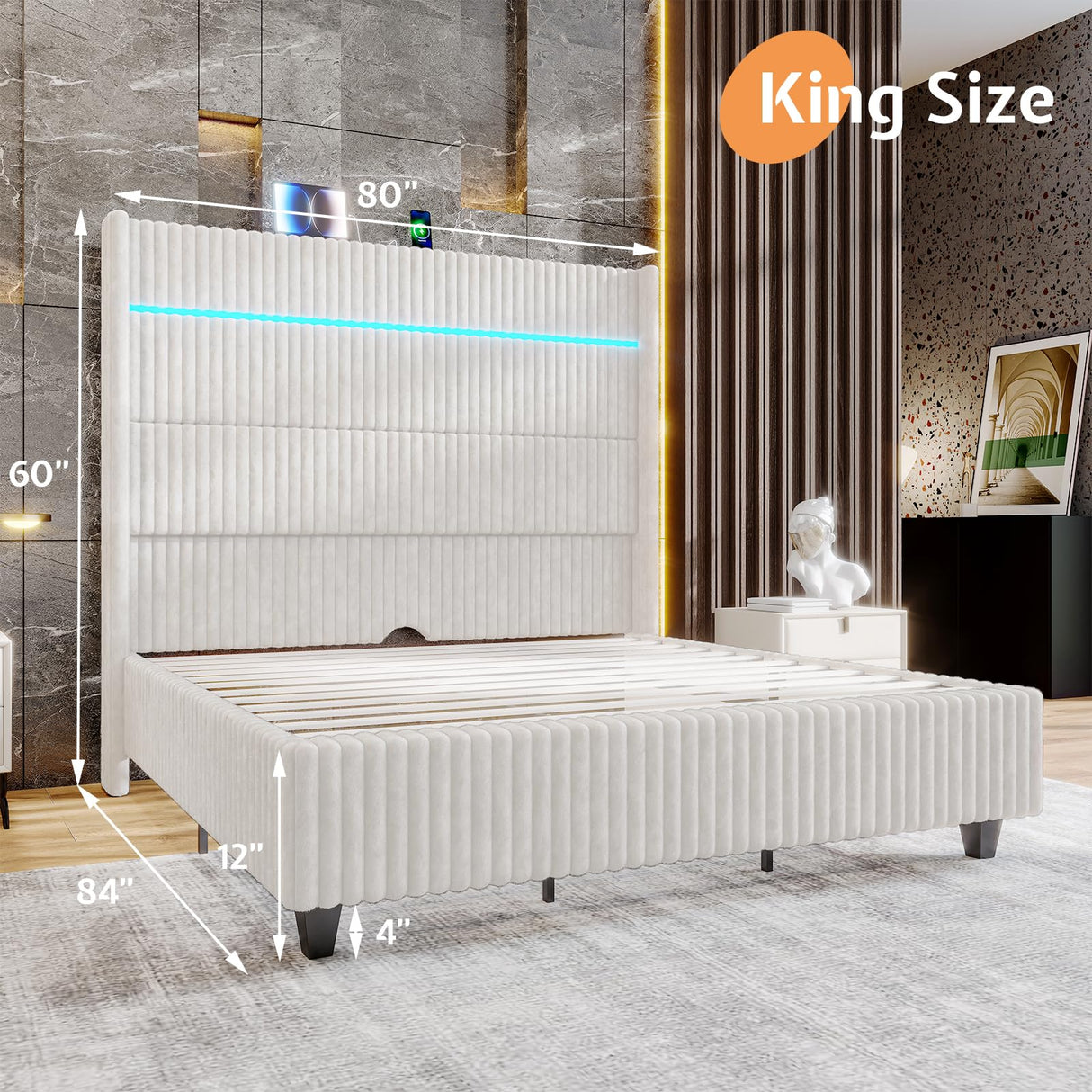 Jocisland 60" Tall King Bed Frame with LED Lights, Corduroy Upholstered Platform Bed Frame with Wingback Headboard and Charging Station/No Box Spring Needed/White Jocisland
