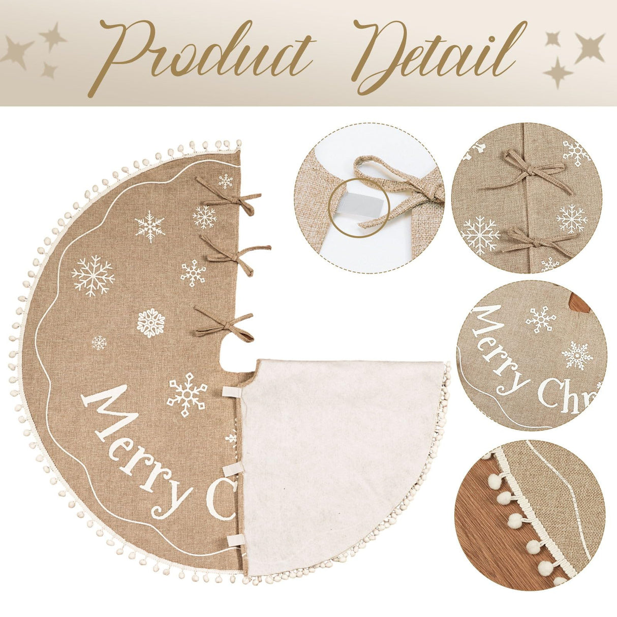 AerWo Christmas Tree Skirt 48 Inches, Burlap Tree Skirt Printed with White Snowflake and Merry Christmas Decor, Brown Tree Skirt for Christmas Decorations New Year Holiday Party Supply Indoor Outdoor AerWo