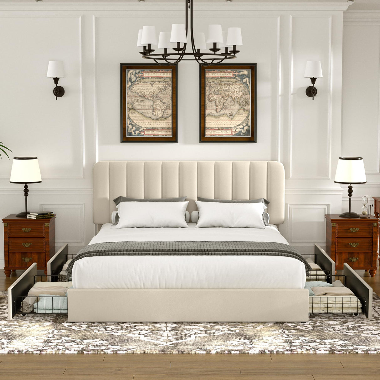 VECELO Queen Size Upholstered Bed Frame with 4 Drawers and Headboard, Velvet Platform Storage Bedframe, Wooden Slats Support, No Box Spring Needed, Beige VECELO