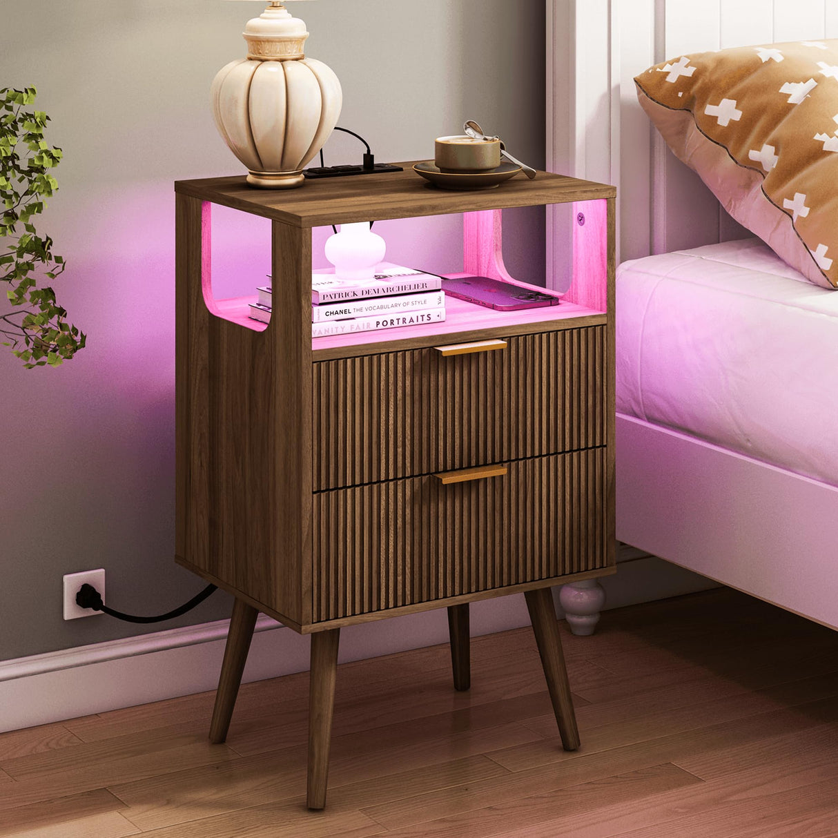 JOONEE Nightstand with Charging Station and LED Lights,Modern Bedside Table with 2 Storage Drawer and Open Wood Shelf, for Bedroom and Small Spaces,Night Stand with Solid Wood Legs,Walnut Brown JOONEE