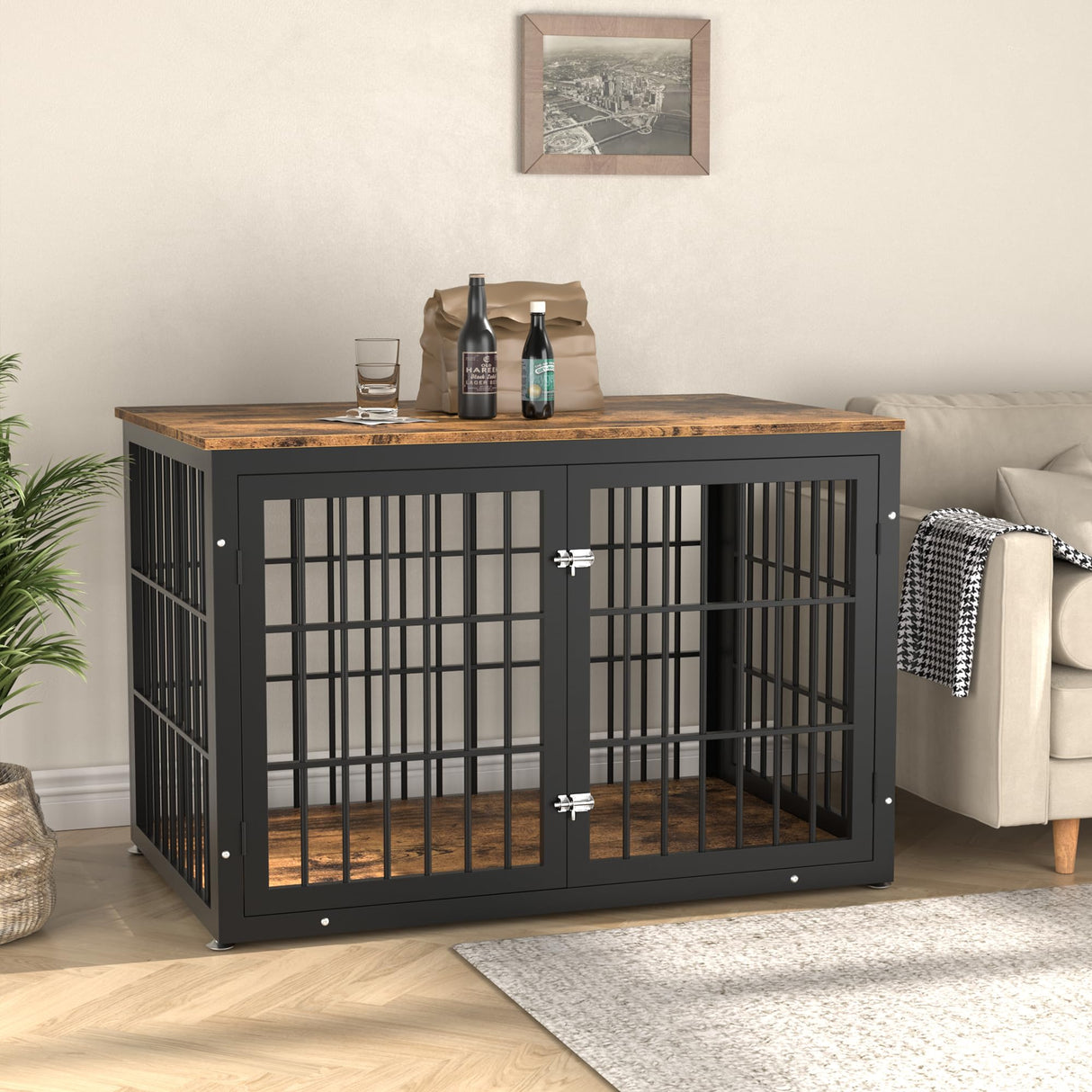 rehomerance Rustic Heavy Duty Dog Crate Furniture for Extra Large Dogs, Decorative Pet House End Table, Wooden Cage Kennel Furniture Indoor, XL, Black and Brown rehomerance