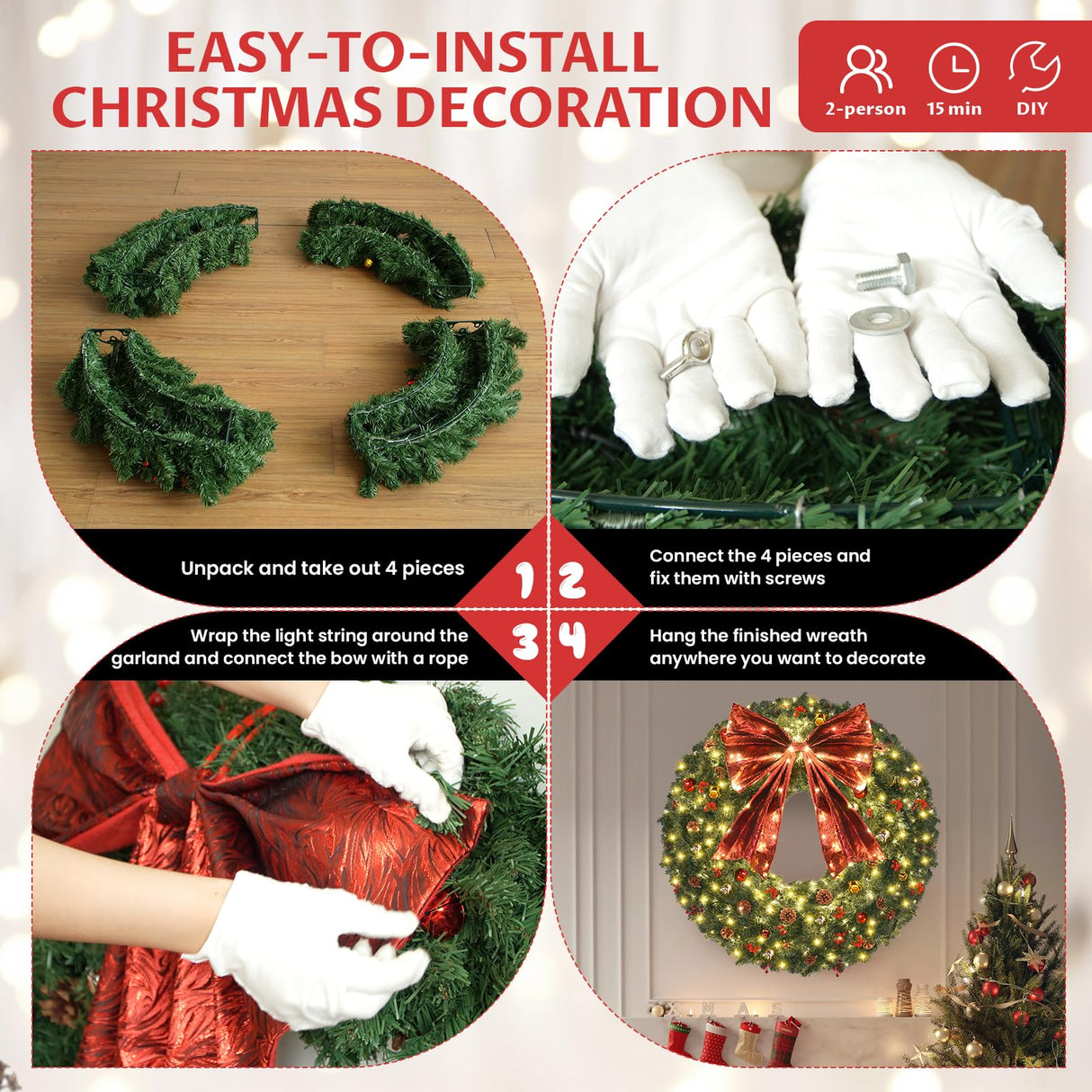 48inch Large Christmas Wreath - Outdoor Christmas Wreath with 300 Lights and Timer Remote Control, Red Bows, Jingle Bells, Pine Cones, Berry Clusters - 720 PVC Tips Artificial Pre Lit Xmas Wreaths Vuskly