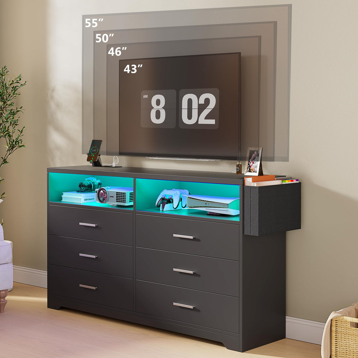 Whalefall Bedroom Dresser with LED Lights, Black 6 Drawers Dresser for Bedroom with Charging Station 55in Large Chest of Drawers, Wood Dresser TV Stand for Living Room Closet Entryway (Black) Whalefall