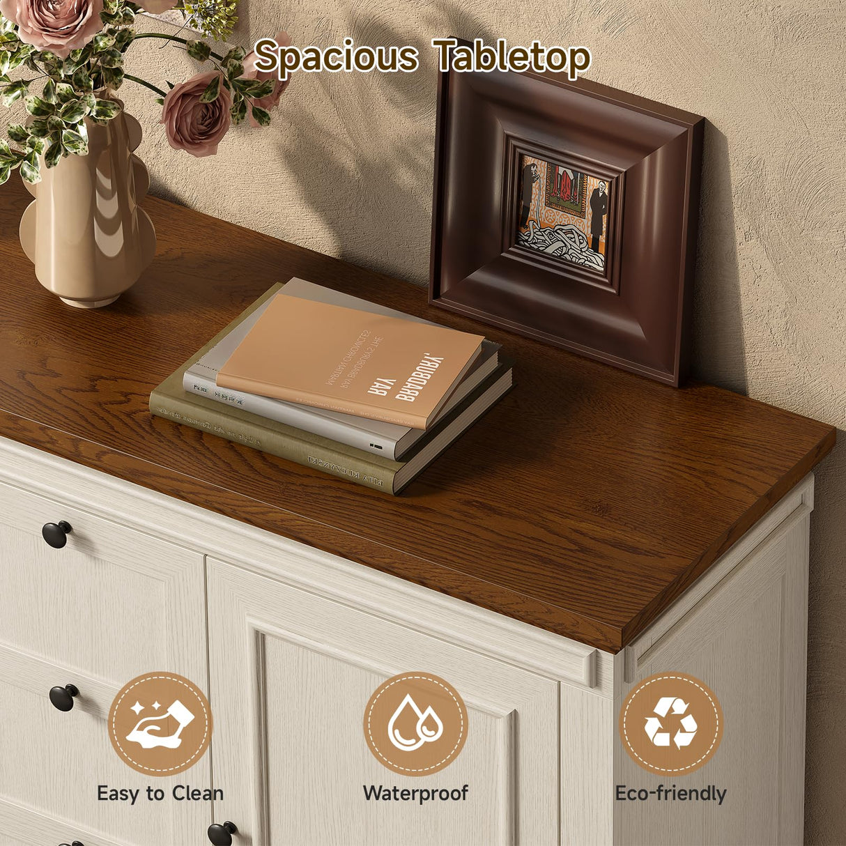 48 Inches Buffet Cabinet with Storage, 34" Tall Farmhouse Sideboard Buffet with 3 Drawers and 2 Doors, Wood Coffee Bar Cabinet with Adjustable Shelves, Credenza for Kitchen, Living Room, Antique White ONBRILL