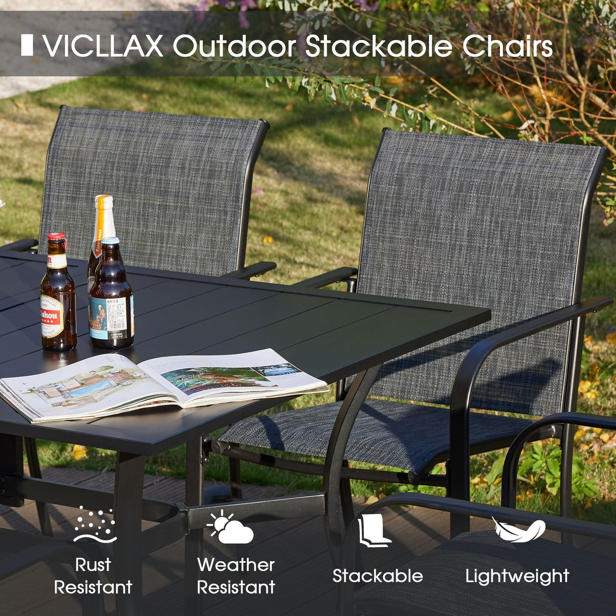 VICLLAX 5 Pieces Patio Dining Set, Outdoor Furniture Set Includes 1 Square Outdoor Table and 4 Stackable Patio Sling Chairs, Black Tabletop and Grey Fabric VICLLAX