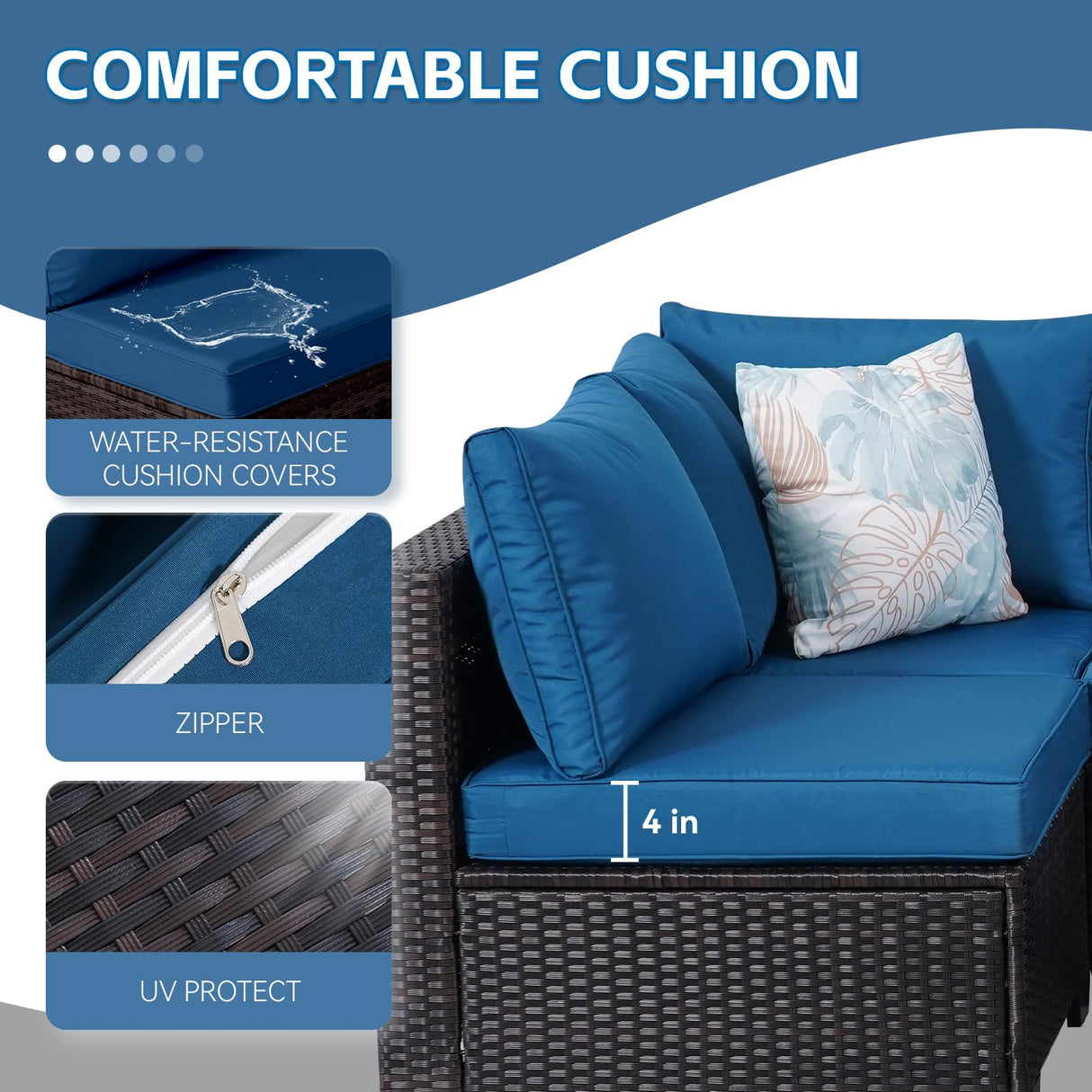 PAIQIAN 7 Piece Patio Furniture Set, Sectional Sofa Set Outdoor Rattan Patio Outdoor Sectional, Rattan Chairs Glass Table Seating Sectional Sofa with Cushions (Brown Blue) PAIQIAN