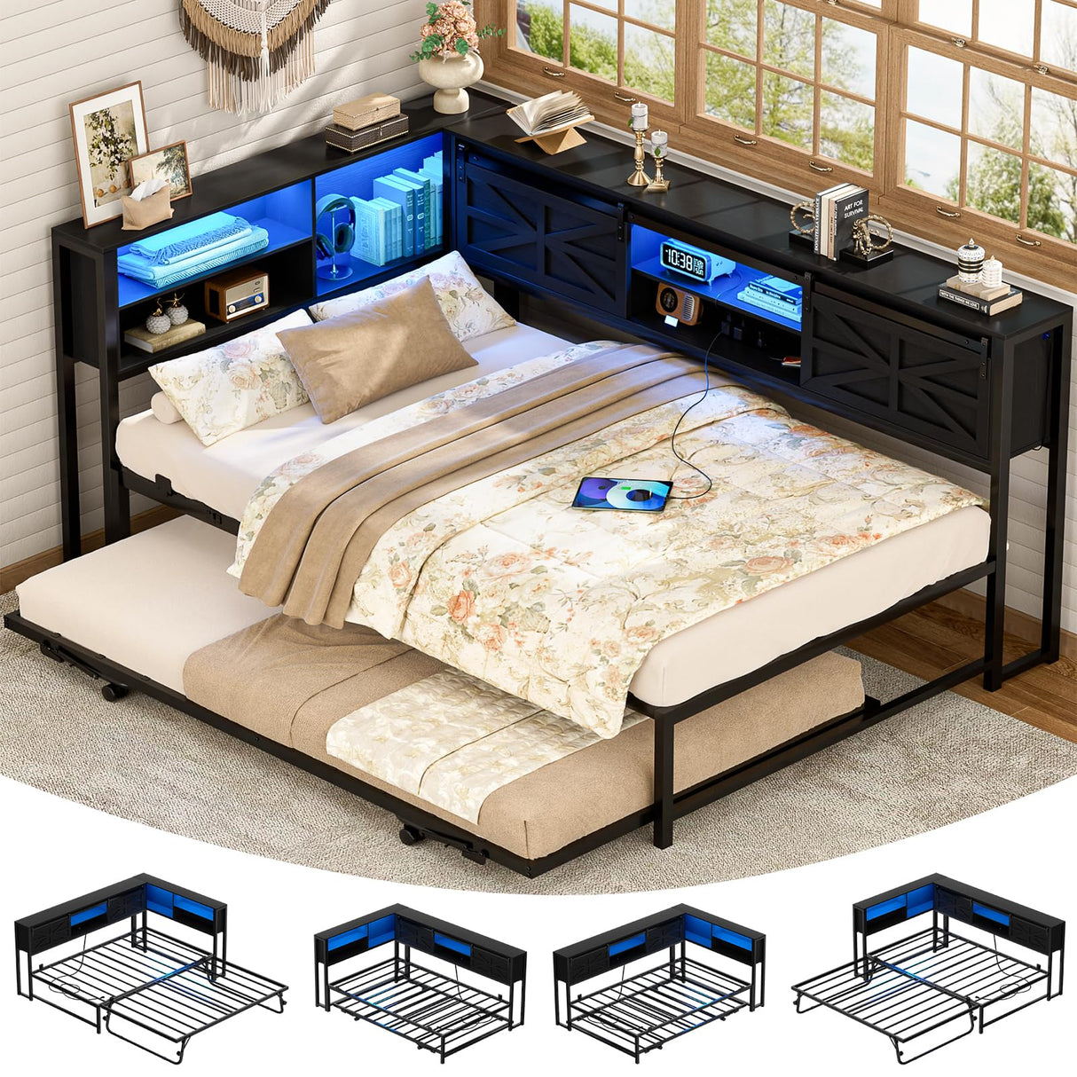 Homieasy Daybed with Pop Up Trundle, Corner Twin Bed Frame with Charging Station & LED, Reversible Twin Day Bed with Storage Bookcase Headboard for Bedroom, Living & Guest Room, Black Homieasy