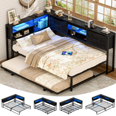 Homieasy Daybed with Pop Up Trundle, Corner Twin Bed Frame with Charging Station & LED, Reversible Twin Day Bed with Storage Bookcase Headboard for Bedroom, Living & Guest Room, Black