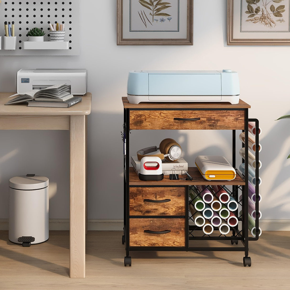 VENNQD Storage Cart Compatible with Cricut Machines Stand Cutting Machine Stand with Drawers and Vinyl Roll Holder Rolling Craft Cabinet Table for Cricut Craft Workstation (Rustic Brown) VENNQD