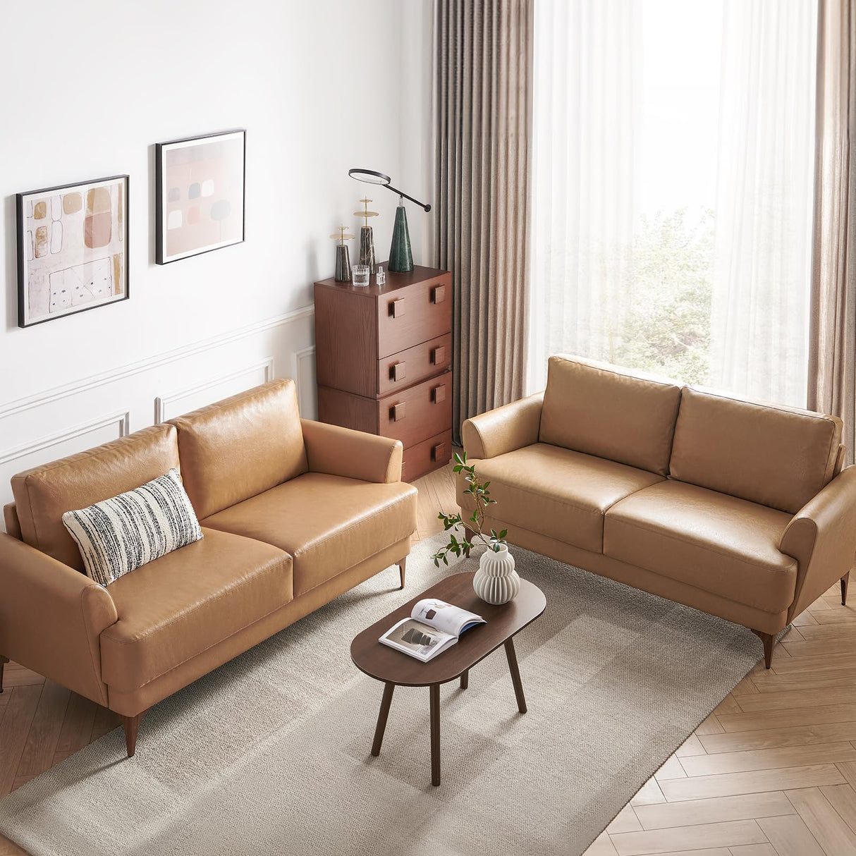 Atopston 63" Faux Leather Loveseat Sofa, Mid-Century Modern Decor 2 Seater Love Seat Couches, Comfy Armrest Small Couch with Wood Grain Legs for Living Room Apartment, Tan Leather Atopston