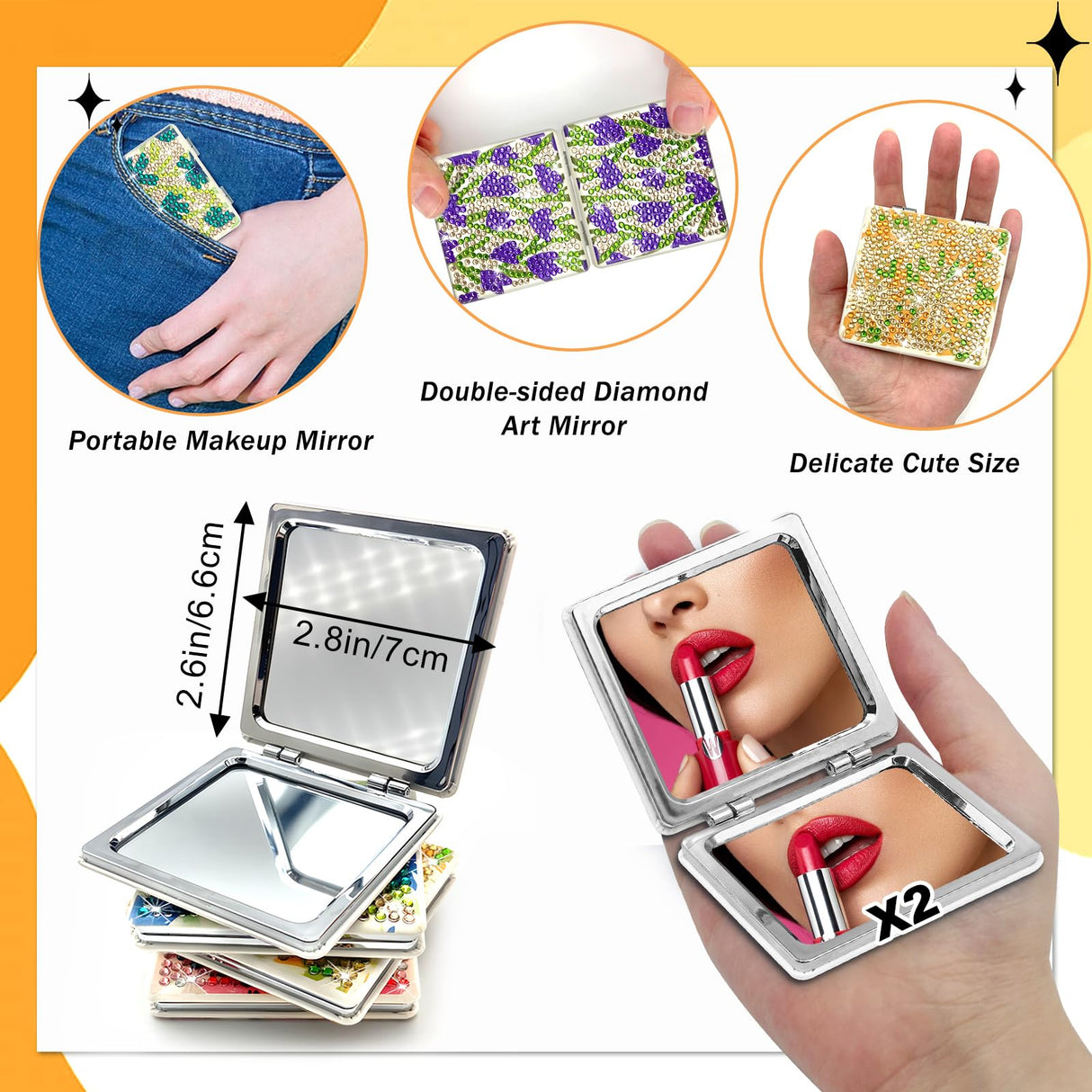 FILASLFT Diamond Art Mirror, 4 Pcs Diamond Painting Mirror, Flower Diamond Painting Compact Mirror, Portable Magnifying Folding Purse Mirror FILASLFT