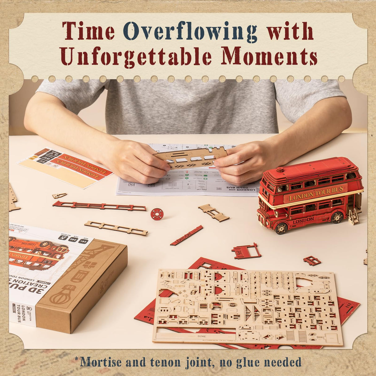 ROBOTIME 3D Puzzles for Adults Wooden Craft London Tour Bus DIY Model Kit to Build Educational Brain Teaser Toy for Kids Craft Decor Gift ROBOTIME