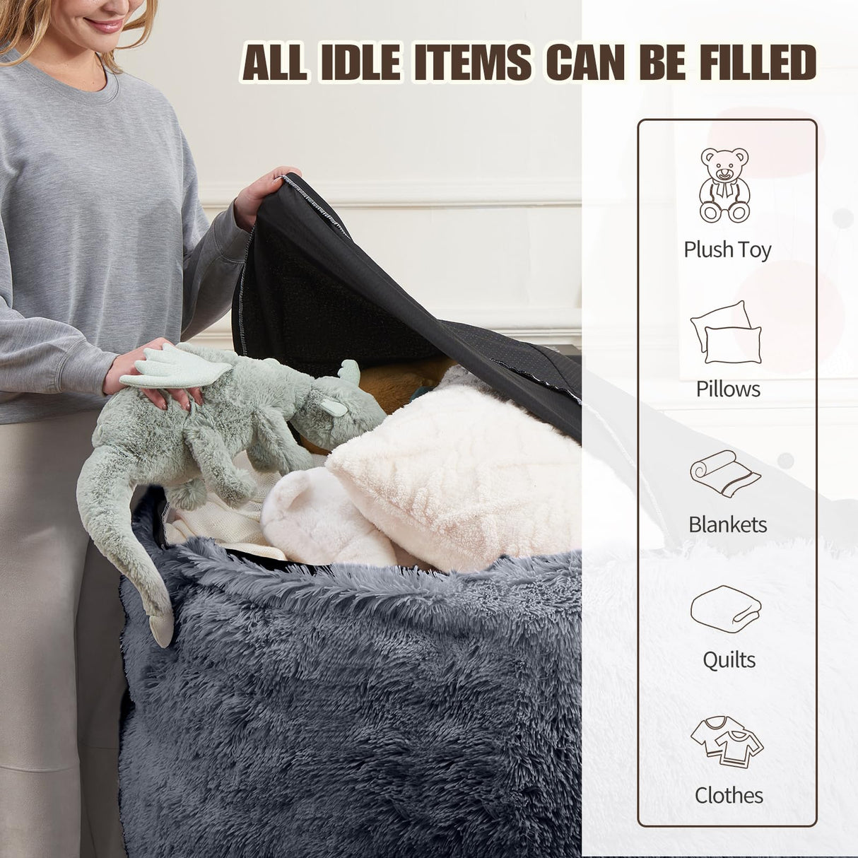 Bean Bag Chair Cover(No Filler) Soft Faux Fur Stuffed Animal Bean Bag Storage, Fluffy Plush Bean Bag Chair Cover Washable, Comfy Bean Bag Chairs for Adults Kids Teens WSOFRLAC