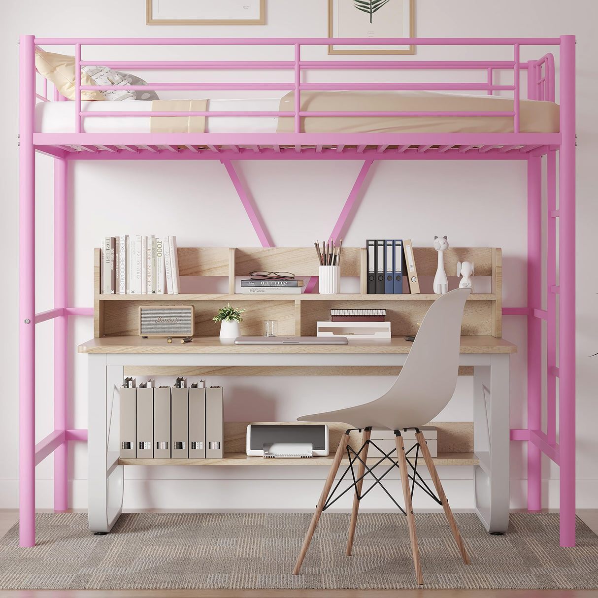 VECELO Twin Size Loft Bed with Full-Length Guardrails and Removable Ladder, Heavy-Duty Metal Frame, Space-Saving Design & Noise-Free, Pink VECELO