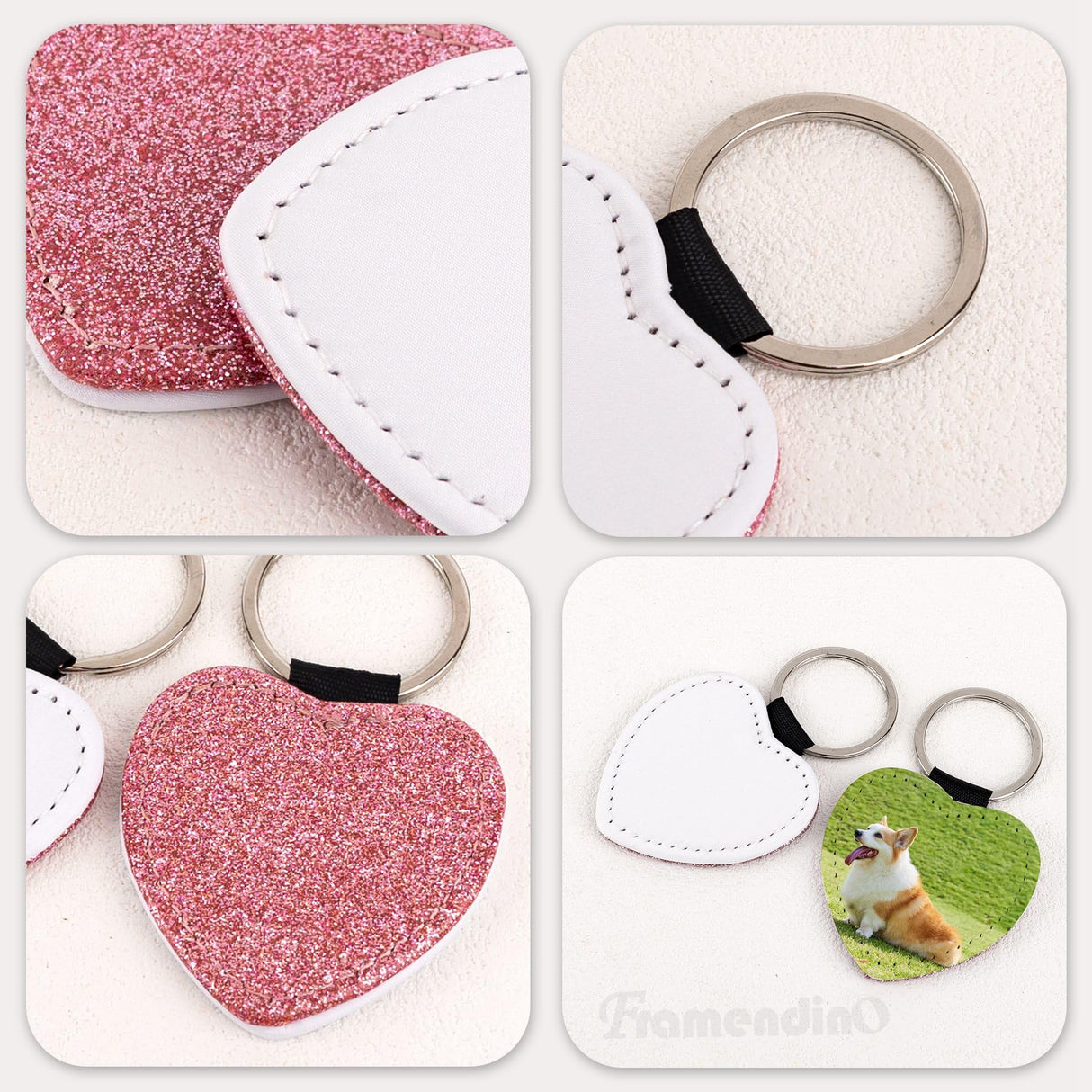 Framendino, 8 Pack Sublimation Blank Keychain Glitter PU Leather Love Heart Heat Transfer Key Chain for Personalized DIY Crafts Photo Pink Framendino