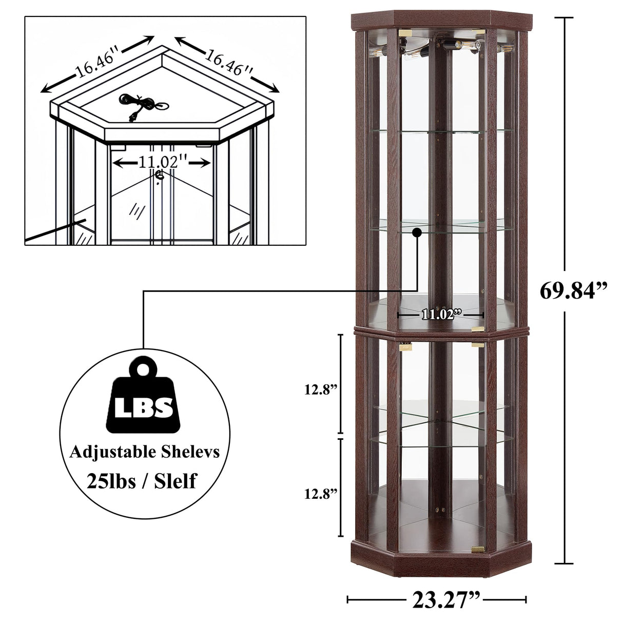 nifoti 69" H Lighted Curio Cabinet Corner Display Case,Corner Glass Cabinet with Tempered Glass Door and Adjustable Shelves,Wooden Corner Curio Cabinet with Mirrored Back Pane (Style 1 - Dark Cherry) nifoti