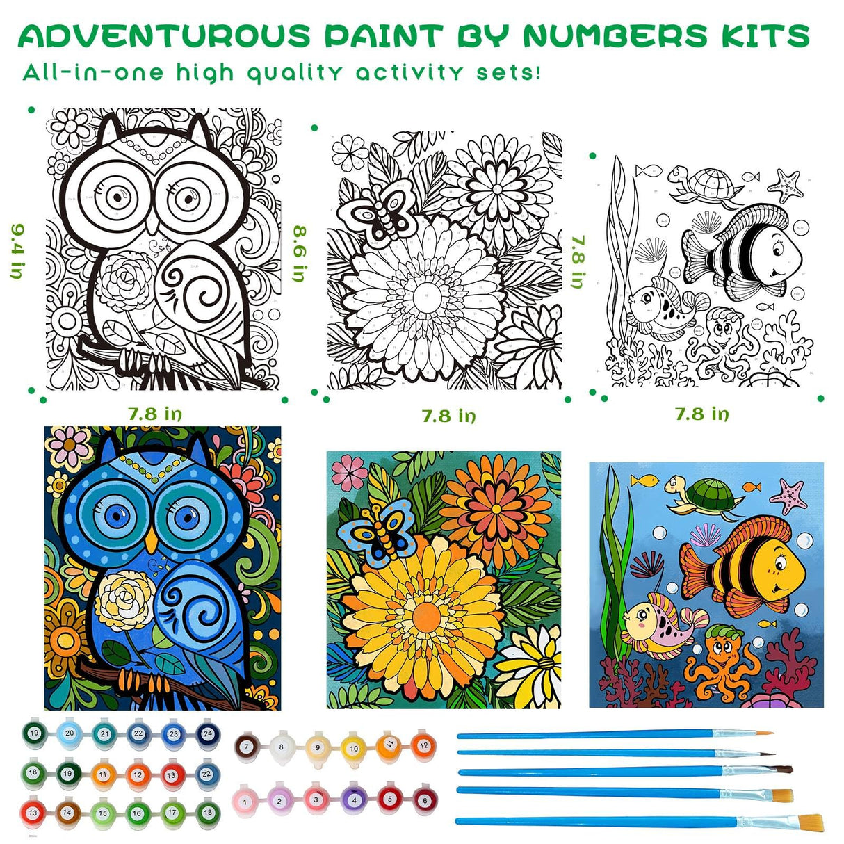 3 Pack Paint by Numbers for Kids Ages 8-12, Pre-Printed Acrylic Oil Painting, Includes (8x10, 8x9, 8x8 inch) Framed Canvas with 30 Acrylic Paint Pots, 5 Brushes for Kids, Art Supplies for Kids 9-12 Wings Giant