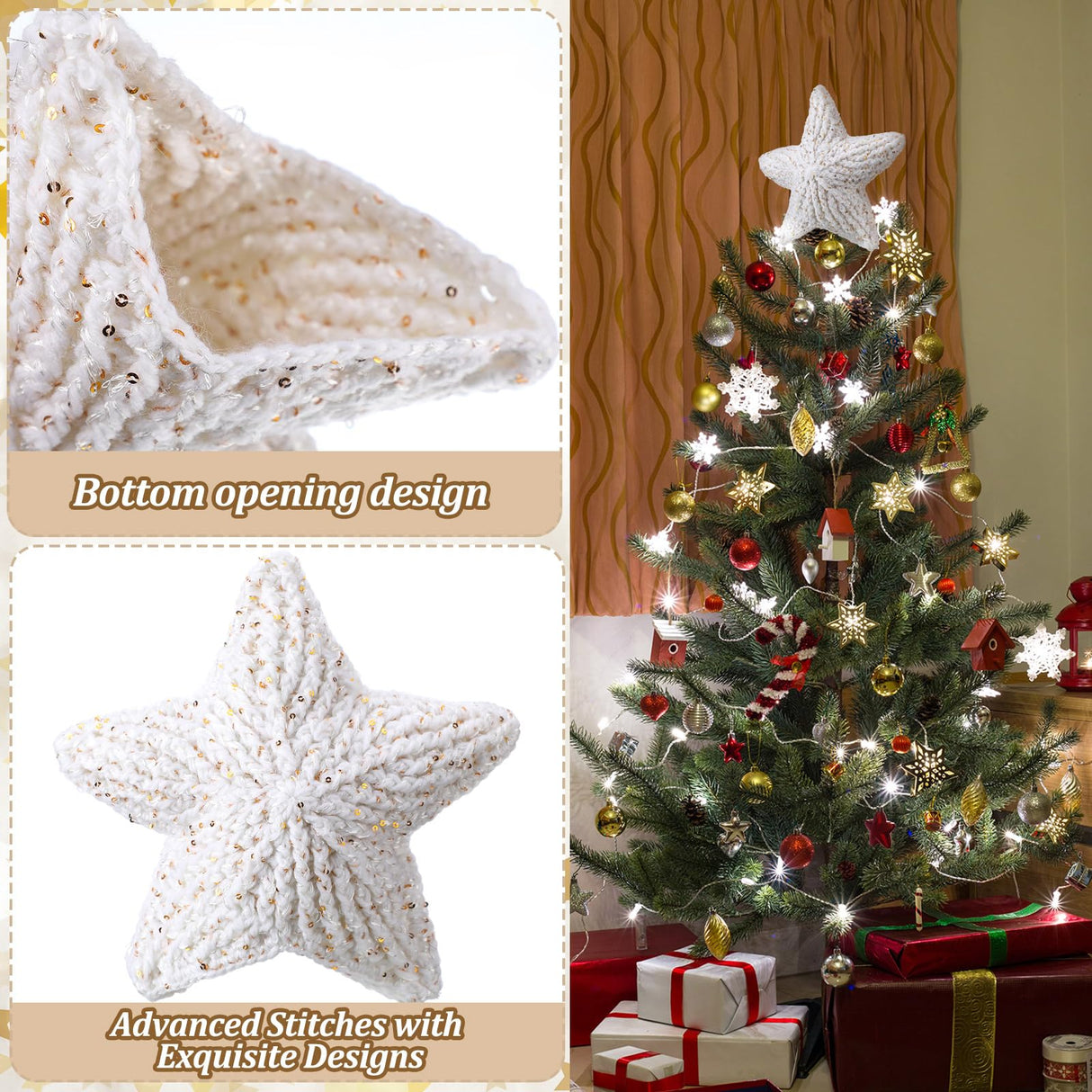 Syhood 10 Inch Star Christmas Tree Topper Crochet Star Farmhouse Holiday Xmas Decor for Christmas Tree Topper Ornament Party Decoration Syhood