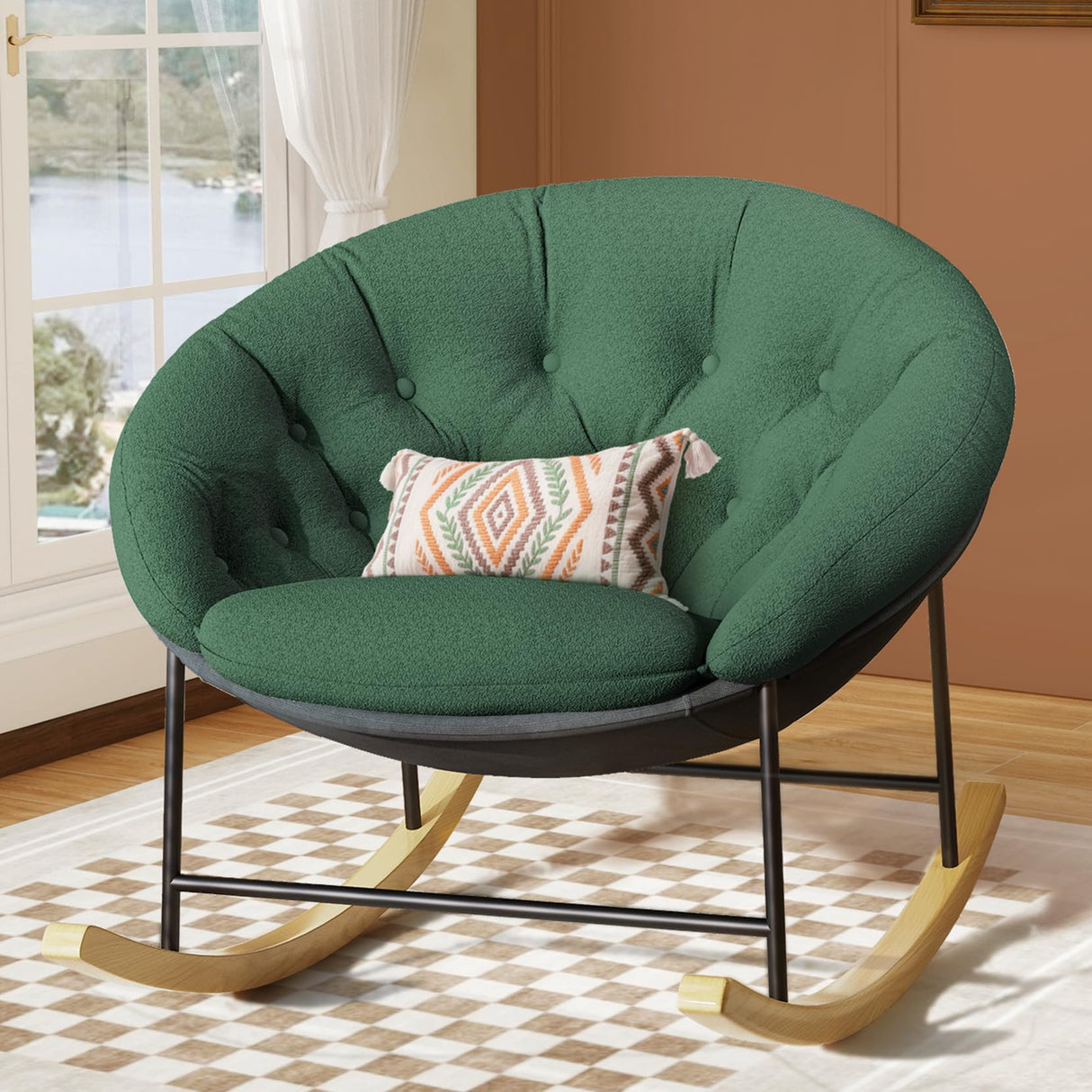 Kidirect Saucer Rocking Chair Nursery, Modern Upholstered Nursery Rocking Chairs and Round Comfy Chair with Cozy Cushion, Comfy Papasan Nursing Chairs for Reading, Fits Living Room &Bedroom &Classroom Kidirect