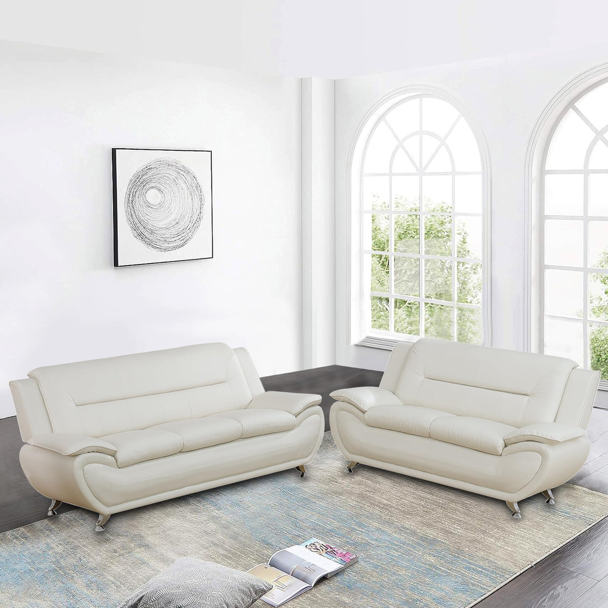 Faux Leather Sofa Couch Set, Living Room Sofa and Loveseat Set, Leather Couch and Loveseat Set for Living Room Office Home (2 Piece Leather Living Room Set, Cream White) Plithzy