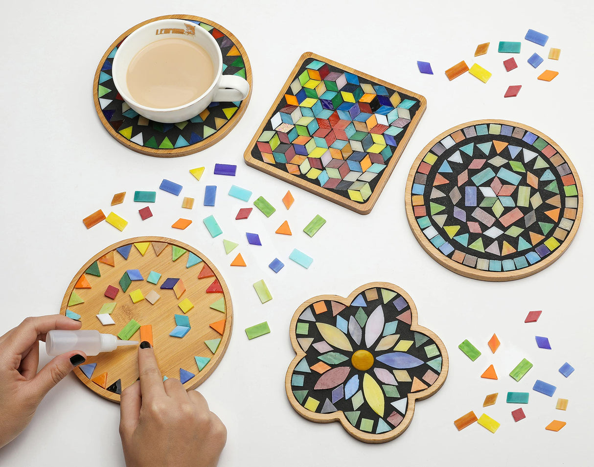 Lanyani 2 Sets of DIY Mosaic Craft Kits Mosaic Tiles Coaster Kit Make Your Own Mosaic Project Handmade Craft Set with Stained Glass Mosaic Tile Pieces for Decoration and Gift Lanyani