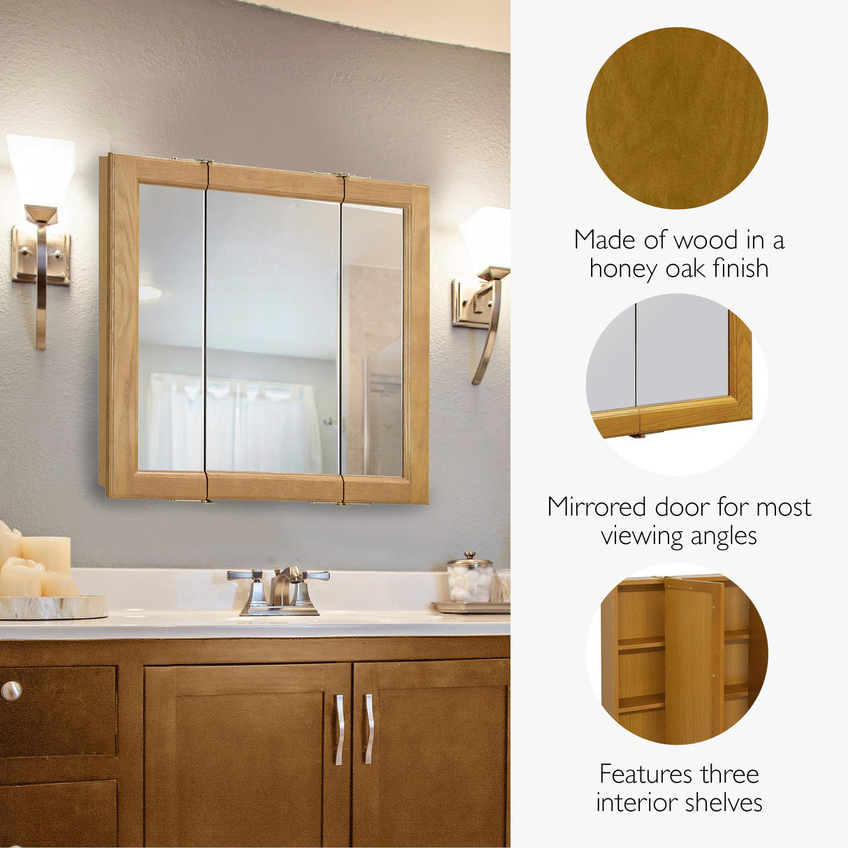Design House 30 Inch Claremont Bathroom Medicine Cabinet, Wall Mounted, Mirror, Oak, 545301-HOK Design House