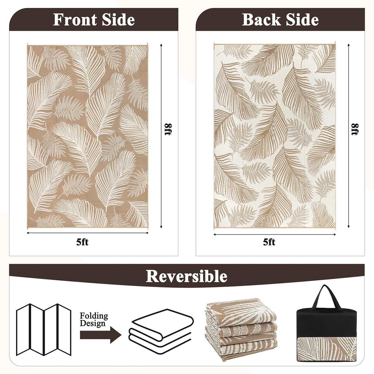 Pauwer Waterproof Outdoor Rug 5x8, Reversible Plastic Straw Patio Camping Rug, Indoor Outdoor RV Mat Carpet for Deck, Camper, Porch, Balcony, Backyard, Picnic, Leaf Brown Pauwer