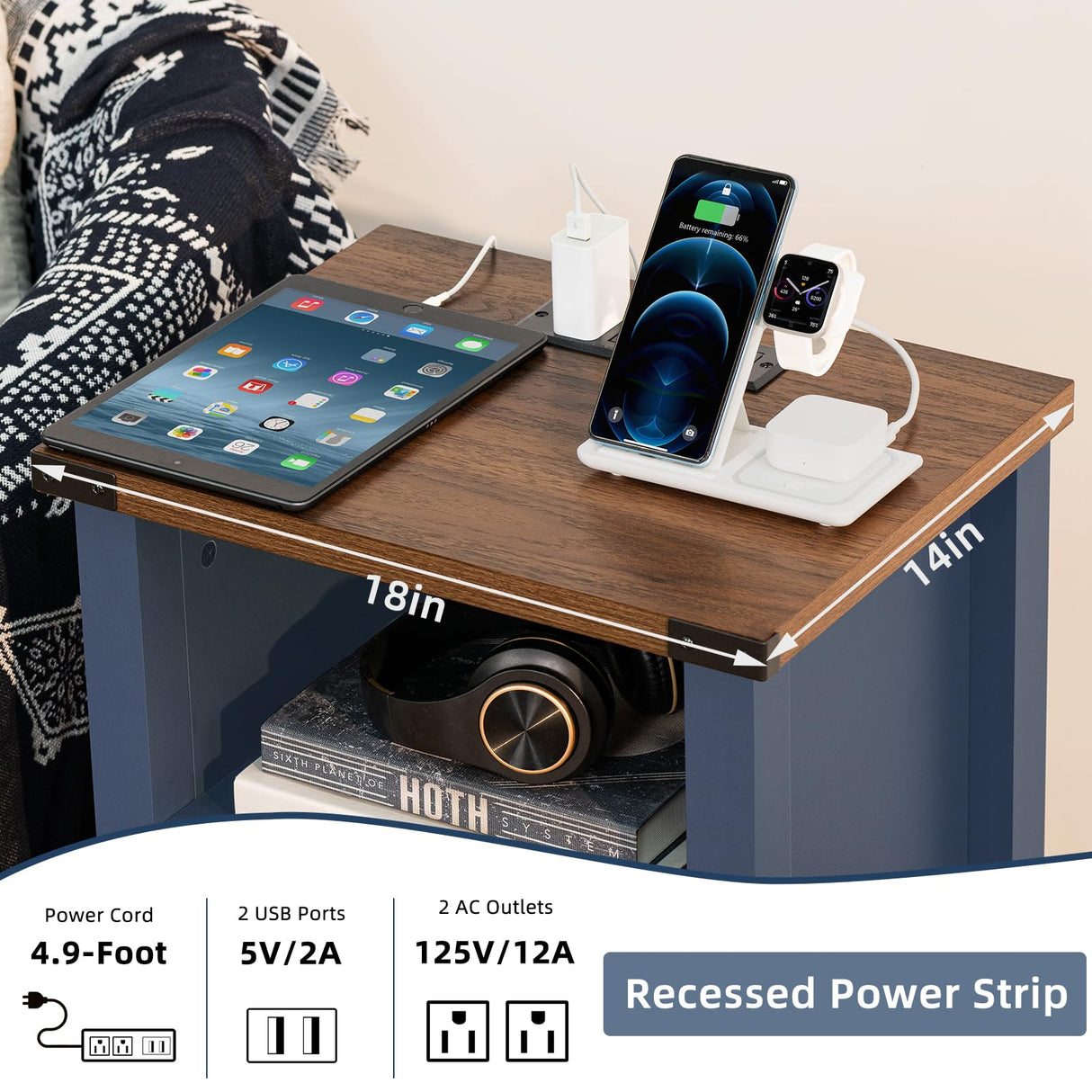 Joaxswe Night Stand with Charging Station and USB Port, 18 Inch Farmhouse Nightstand with Storage Shelf, Rustic Couch End Table with Magnetic Door, Wood Bed Side Tables for Bedroom, Home, Nayv Blue Joaxswe