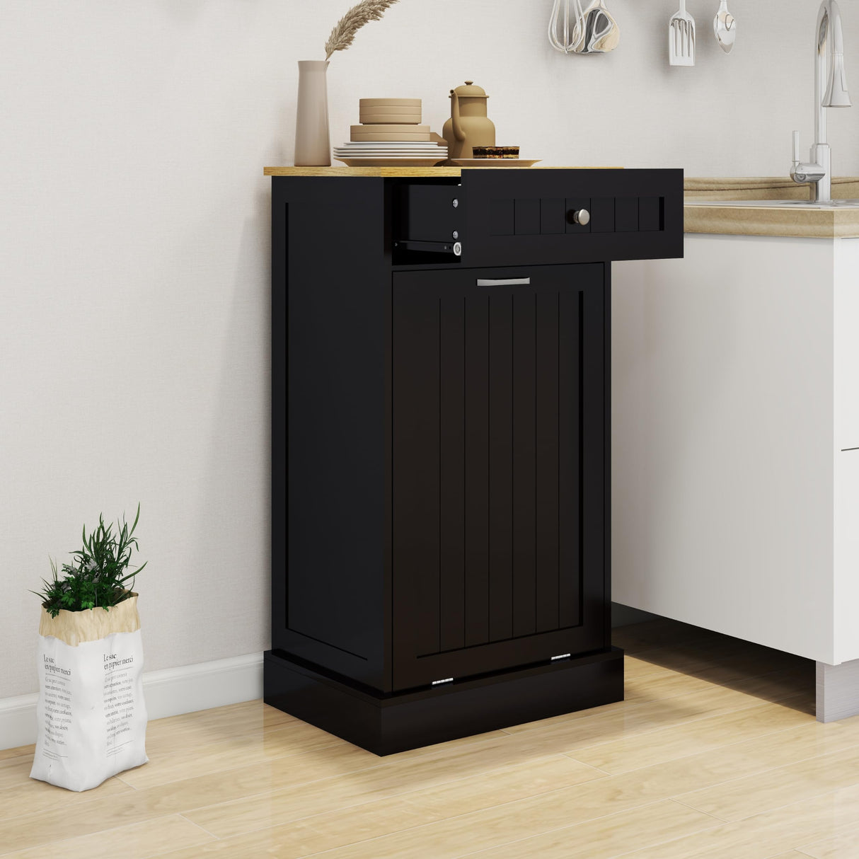 HEPMIMZHU Tilt Out Trash Cabinet, Wooden Free Standing Trash Cabinet,Recycling Cabinet with Hideaway Drawer,Tilt Out Trash Cabinet for Farmhouse Kitchen,Living Room, Dining Room (Black, 10 gallon) HEPMIMZHU