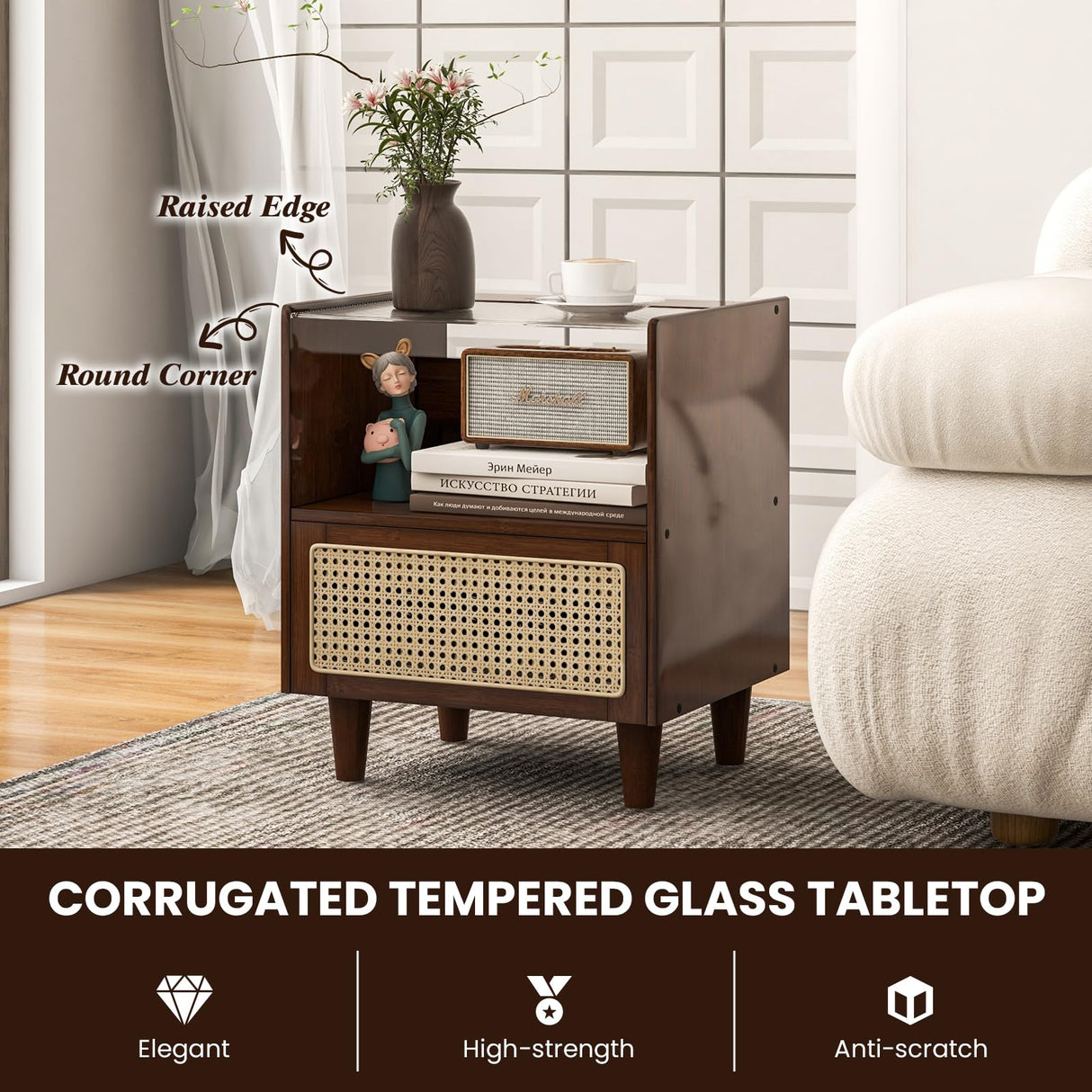 Giantex Rattan Nightstand with Drawer Set of 2, Boho Bamboo Bedside Table with Tempered Glass Top and Solid Wood Legs, 20" End Side Table with Storage, Night Stand for Bedroom, Living Room, Walnut Giantex