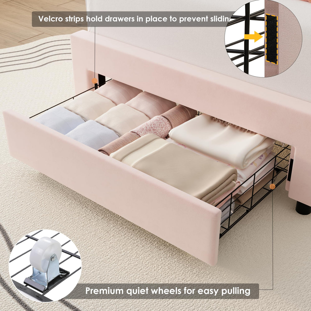 HIFIT Twin Upholstered Smart LED Bed Frame with Storage Drawer and Adjustable Chic Double Petal Headboard, Princess Platform Bed for Girls/Kids, Solid Wood Slats Support, No Box Spring Needed, Pink HIFIT