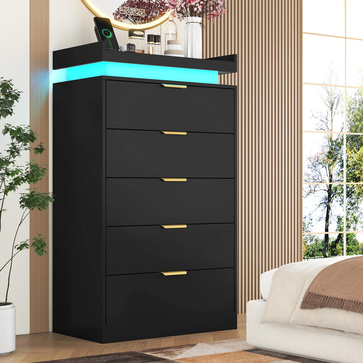 knoworld Tall Dresser for Bedroom, Black Dresser with LED Lights, Wood 5 Drawer Chest with Power Outlet, Modern Chest of Drawers for Bedroom, Living Room, Entryway, Hallway knoworld