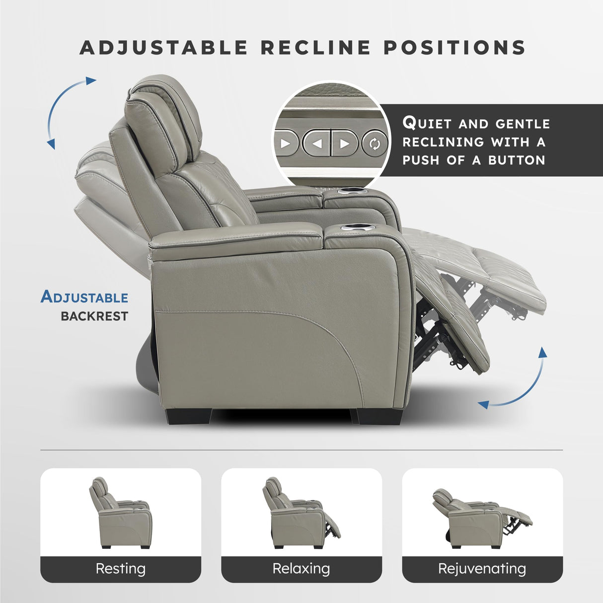 Lexicon Power Double Reclining Sofa, Center Drop-Down Table with Heat/Massage/Headrest/Storage Arms/Cup Holders/LED Lights/Wireless Charging, Top Grain Leather Match Wall Hugger Recliner Sofa, Grey Lexicon